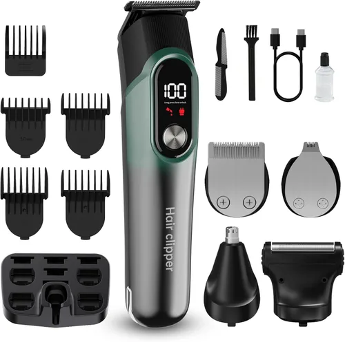 Vista 8 de RUIBO Cortadora de barba para hombres, kit de cortapelos inalámbrico 5 en 1 con maquinilla de afeitar de aluminio, peluquería corporal impermeable