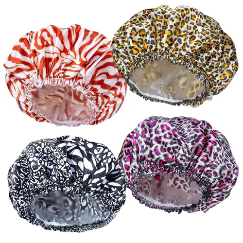 Vista 21 de 4 piezas de gorros de ducha para mujer, gorros de baño con estampado, gorro de ducha de doble capa reutilizable e impermeable, gorros de ducha