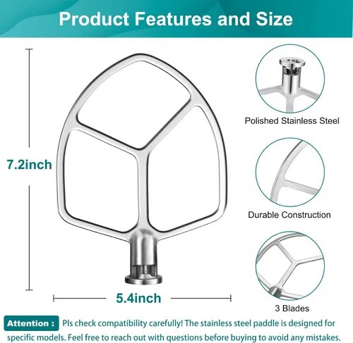 Vista 3 de Batidor plano compatible con KitchenAid de 5 a 6 cuartos de galón, batidora de acero inoxidable pulido airkitrep para batidoras de pie de cocina