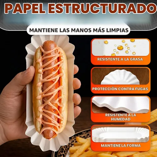 Vista 3 de 50 bandejas desechables para perros calientes para fiestas y barbacoas, bandejas de papel duraderas para perros calientes desechables para servir