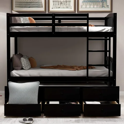 Vista 4 de Harper & Bright Designs - Litera de tamaño individual sobre individual con nido y cajones de almacenamiento, base de cama de madera con barandilla