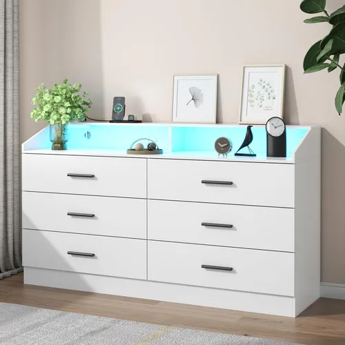 Vista 12 de Gyfimoie Cómoda de 6 cajones con toma de corriente, cómoda con luz LED, cómoda moderna con cubículo de almacenamiento abierto, organizador de Negro