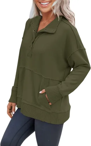 Vista 2 de Yanekop Sudadera Henley de gran tamaño para mujer de manga larga con botones cuello en V y bolsillos
