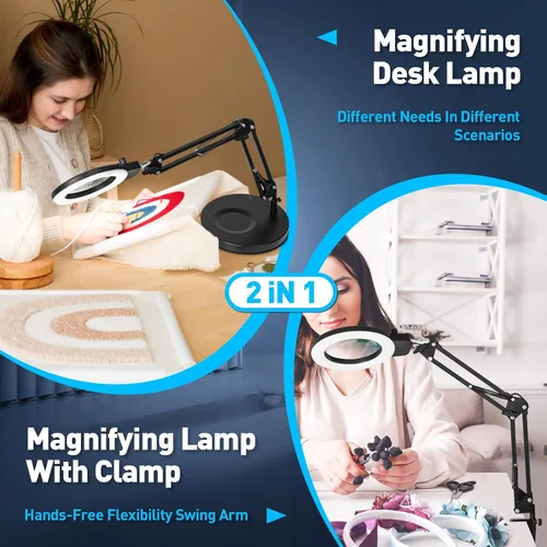 Vista 4 de KIRKAS Lupa 12X con luz y soporte, cualquier modo de color y brillo sin escalones, lámpara LED de aumento con abrazadera, lente de lupa 2 en 1