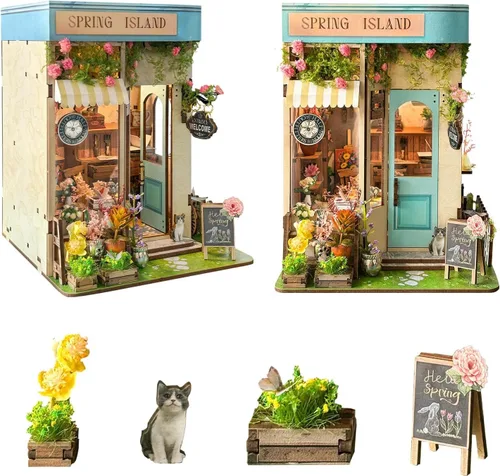 Vista 15 de Kit de rincón de lectura - Kit de casa de muñecas DIY en miniatura de madera con cubierta de polvo, estantería decorativa, rompecabezas 3D
