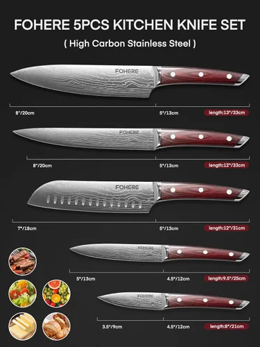 Vista 2 de FOHERE Juego de cuchillos de chef, 5 cuchillos de cocina ultra afilados con mango ergonómico de madera de Pakka roja, juego de cuchillos