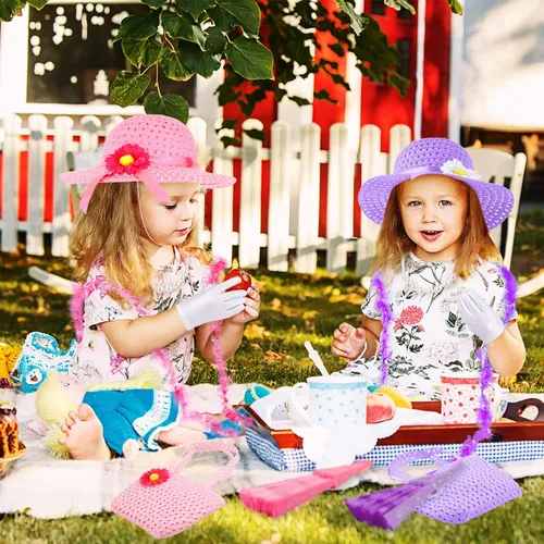 Vista 5 de Juego de 48 piezas de disfraces para fiesta de té para niñas, incluye guantes de fiesta de té y sombrero, boa de plumas para niños, bolsos, abanicos