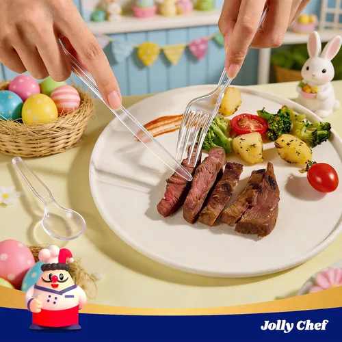 Vista 8 de JOLLY CHEF Juego de 300 cubiertos de plástico transparente, 100 tenedores, 100 cucharas, 100 cuchillos, juego de cubiertos de plástico desechables