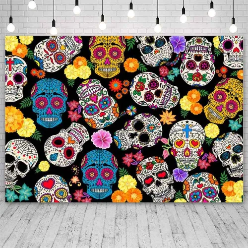 Vista 2 de AIBIIN Telón de fondo del Día de los Muertos de 10 x 7 pies, fiesta mexicana, calavera de azúcar, fondo de fotografía Dia DE Los Muertos, decoración
