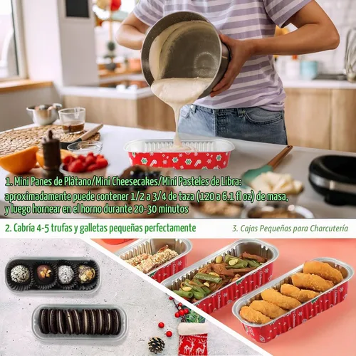 Vista 7 de Paquete de 100 mini moldes para pan de Navidad con tapas, mini moldes para pasteles con tapas y cucharas, moldes de papel de aluminio de 6.8 onzas