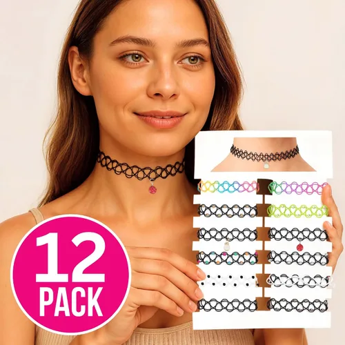 Vista 2 de BodyJ4You 12PC Tattoo Choker Necklace for Women - 90s Choker Necklaces Y2K Fashion Trendy Vintage - Emo Black Choker Rainbow Pink White Purple Neon