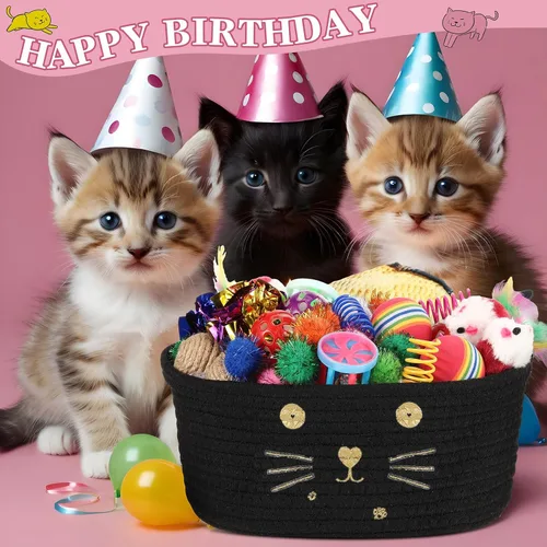 Vista 5 de Zopeal - Juego de 58 cestas de almacenamiento para gatos de verano, juguetes de regalo, bolas intermitentes coloridas para mascotas, bolas Negro
