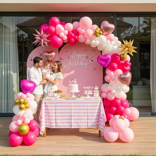 Vista 6 de Kit de arco de guirnalda de globos rosa y dorado, 140 piezas de globos de papel de aluminio de estrella con arco para temática de ratón de dibujos