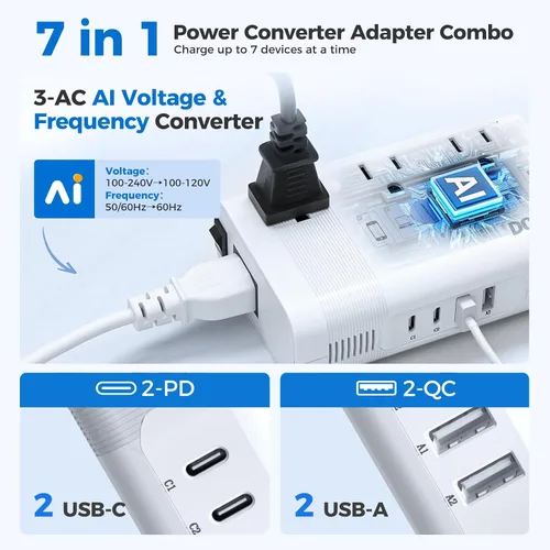 Vista 4 de DOACE - Convertidor de voltaje de 350 W de EE. UU. a Europa para alisador de cabello, rizador CPAP, convertidor de 220 V a 110 V para viajes Blanco