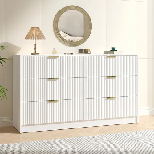 Vista 12 de Cómoda negra con 6 cajones profundos, cómoda acanalada de 55" de ancho para dormitorio con tirador dorado, cómoda moderna para armario, dormitorio