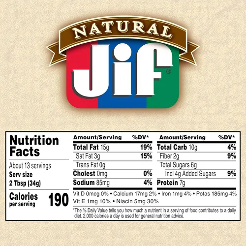 Vista 2 de Jif Natural - Crema de maní natural para untar y miel, 16 onzas, contiene 80 % de cacahuates 7g protein per serving, 7% DV, See nutrition