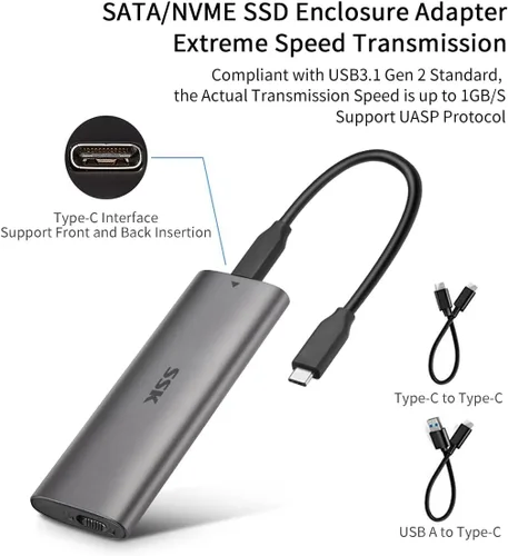 Vista 8 de Carcasa SSD SATA NVMe SSK, lector adaptador M.2 a USB USB-C 3.2 Gen 2 For NVMe & SATA SSD,Tool-Free, M/B+M Key, PCIe 10Gbps / SATA 6Gbps, UASP