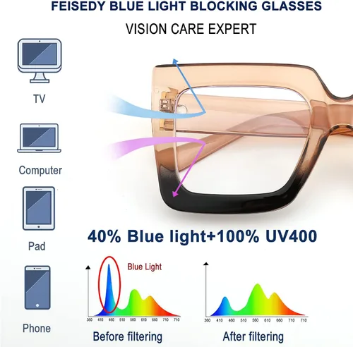 Vista 4 de FEISEDY Gafas de luz azul de gran tamaño para mujer, antifatiga, gruesas, cuadradas, para computadora, B2381