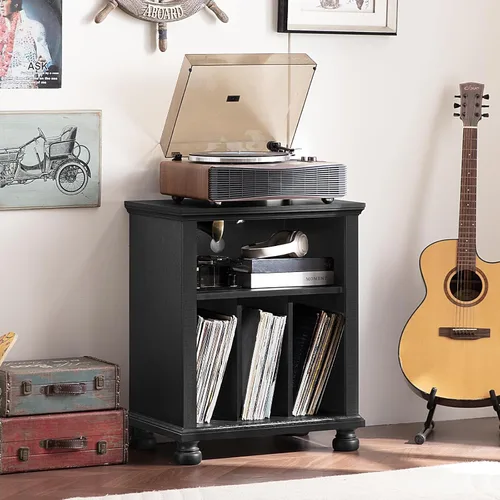 Vista 8 de Joaxswe - Soporte para tocadiscos de 24 pulgadas de ancho con almacenamiento de discos de vinilo, color negro Mid-Century Record Player Table Up