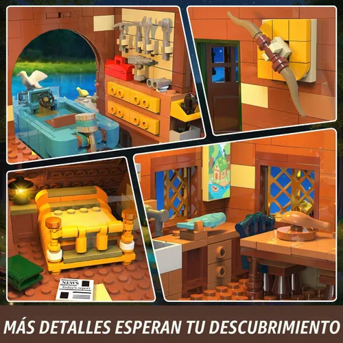 Vista 4 de INSOON Set de Construcción Mini de Cabaña sobre el Agua con Luz, 2423 PIEZAS, Juego de Bloques de Madera de Casa en el Bosque con Barco, Bicicleta