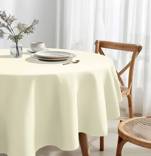 Vista 5 de HEIPINIUYE - Paquete de 2 manteles redondos de 84 pulgadas de plástico beige, manteles de mesa impermeables desechables para redondas, ideales