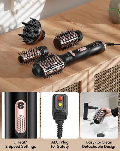 Vista 6 de Terviiix - Cepillo de aire caliente 4 en 1, estilizador de 1000 W con 2 cepillos redondos giratorios Volumizing Blowout Styler to Finish