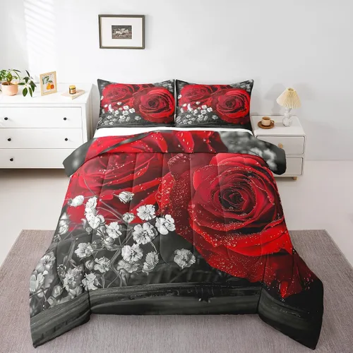 Vista 20 de Juego de edredón de rosas rojas, tamaño individual, juego de ropa de cama floral rojo degradado negro para niñas, mujeres, niños, adolescentes