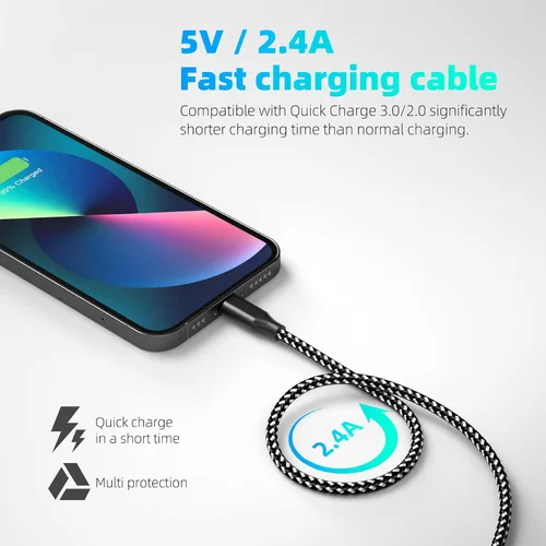 Vista 6 de Cargador para iPhone con certificación MFi de Apple, paquete de 3 cables Lightning de 10 pies de largo, carga rápida, sincronización de datos, cable