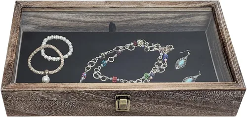 Vista 4 de MOOCA Vitrina de madera con tapa de cristal, vitrina de cuchillo de bolsillo con almohadilla de exhibición de joyería de terciopelo MDF de lujo