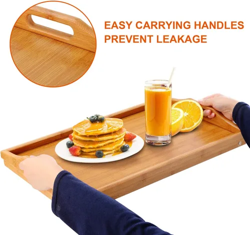 Vista 3 de Moclever Bandeja de desayuno con patas plegables – Bandeja para servir bambú – bandejas de cena, bandeja de té, bandeja de bar, bandejas de cama