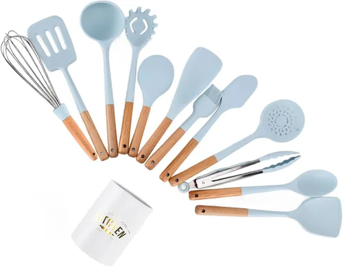 Vista 3 de 12PCS Silicone Kitchen Utensils Set, Cooking Tools with Wooden Handle, Heat Spatula Spoon Baking Gadgets for Non Stick Pans, Includes 12 for Modern