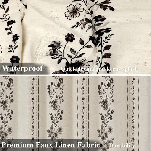 Vista 5 de ORTIGIA Cortinas de ducha negras para baño, juego de cortina de ducha moderna de lino con ganchos de metal, floral, impermeable, vintage, tela