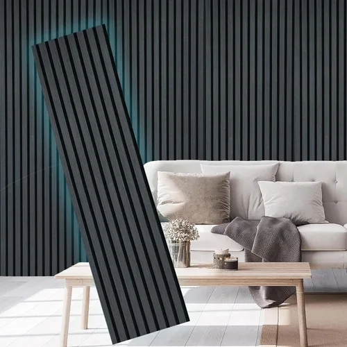 Vista 10 de Paneles acústicos de listones de madera de 4 piezas para una decoración elegante y reducción de ruido, panel texturizado 3D para techo y pared