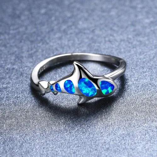 Vista 3 de Anillo de tiburón Bamos de 14 quilates chapado en oro blanco anillo de peces montado con ópalo para mujeres niñas hombres niños niños anillo