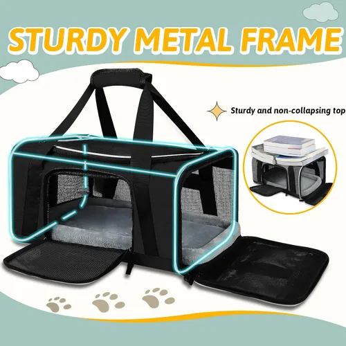 Vista 6 de Petskd Transportador de mascotas de 17 x 11 x 9.5 pulgadas, aprobado por aerolíneas de Alaska, bolsa de viaje para gatos y perros pequeños, Negro