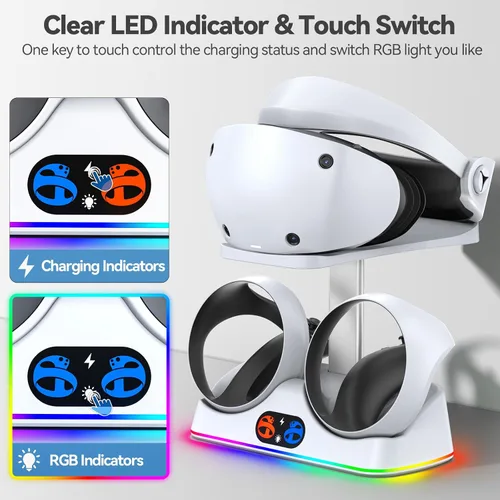 Vista 5 de Estación de carga PSVR 2 con luz RGB, PSVR 2 accesorios base de carga y pantalla de auriculares PSVR2, soporte PSVR 2 con interruptor táctil