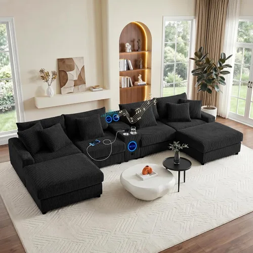 Vista 10 de MAKIAAP Sofá modular de pana de 83 pulgadas con altavoces, cómodo sofá biplaza de asiento profundo con otomana móvil, consola, cargador USB, Beige