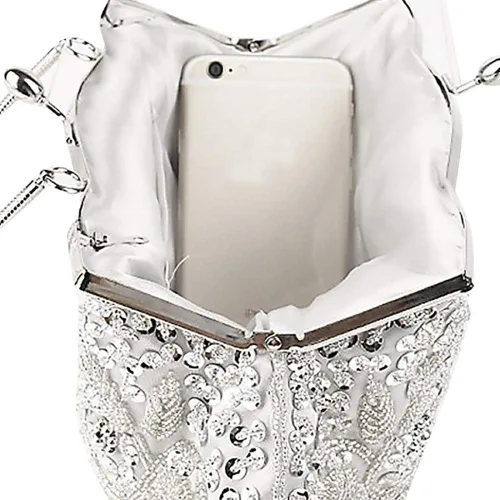 Vista 3 de Bolso de mano de noche con cuentas vintage para mujer, diseño vintage, con lentejuelas, con asa superior, para fiesta, boda, monedero, Oro