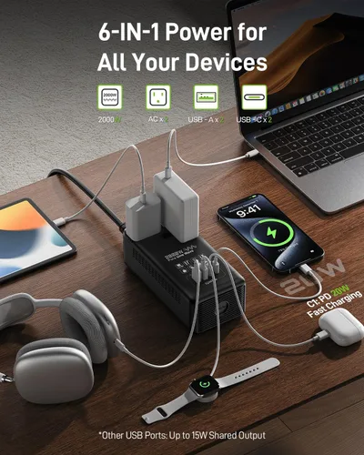Vista 4 de EPICKA Convertidor de voltaje de onda sinusoidal pura de 2000 W, transformador de potencia de 220 V a 110 V con carga rápida PD USB-C de 20 W, 2
