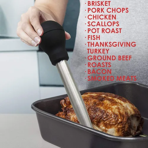 Vista 5 de Baster de acero inoxidable para pavo con cepillo de limpieza, jeringa de grado alimenticio para cocinar y rociar con 2 agujas inyectoras de adobo