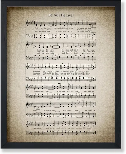 Vista 17 de Monem Art - Póster de partitura de música vintage, impresión de himno retro, regalo para músico, amigo, porque él vive, himno, verso, inspirador