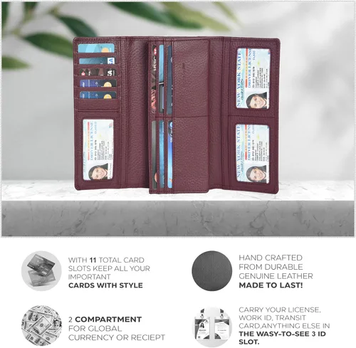 Vista 3 de Carteras de piel con bloqueo RFID, para cheques, con 11 ranuras para tarjetas, para mujer, cartera Rfid