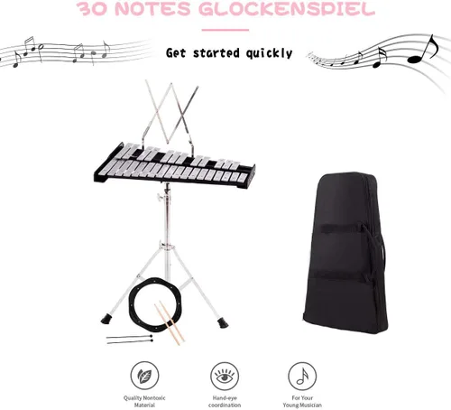 Vista 5 de Giantex Kit de campana de percusión Glockenspiel de 30 notas con estuche de transporte, almohadilla de práctica, soporte de altura ajustable, mazos