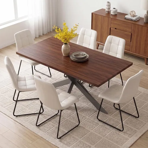 Vista 19 de ZckyCine Juego de mesa de comedor extensible de 6 piezas, moderna mesa de madera gris de 63 a 79 pulgadas con 6 sillas de tela gris, mesa de comedor