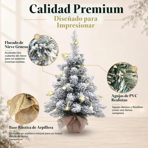 Vista 3 de Árbol de Navidad artificial mini preiluminado, árbol pequeño de Navidad de 20 pulgadas con copos de nieve, pino, con 40 luces LED, 70 puntas