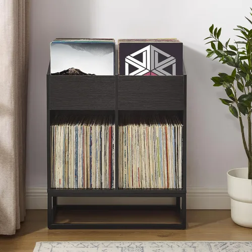 Vista 8 de Crosley Furniture Enzo - Moderno soporte de almacenamiento de discos de vinilo, estantes abatibles orientados hacia adelante para discos, color negro
