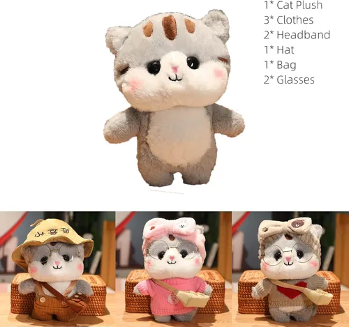Vista 5 de Juguete de peluche de pato con 9 trajes y accesorios para combinar con ropa de vestir para niños (12 pulgadas) (gato gris)
