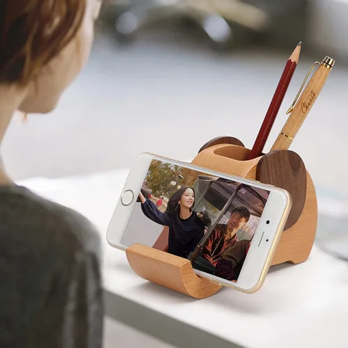 Vista 9 de Portalápices creativo elefante regalos juguetes de madera lindo soporte para lápices y teléfono celular soporte organizador para escritorio