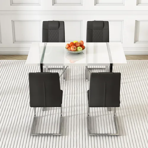 Vista 4 de Juego de mesa de comedor para 4, juego de mesa de cocina rectangular de MDF blanco con sillas de comedor de cuero, juego de 4, juego de mesa