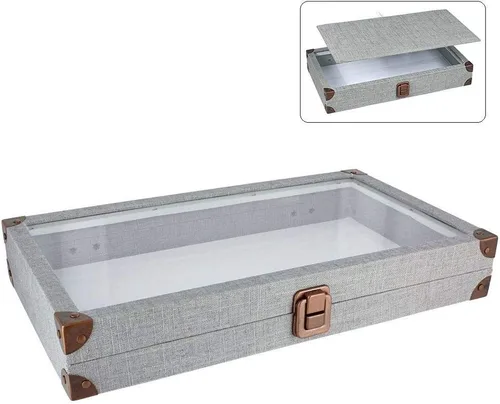 Vista 2 de 888 Display USA - Joyero cubierto de lino gris con tapa de vidrio y pestillo
